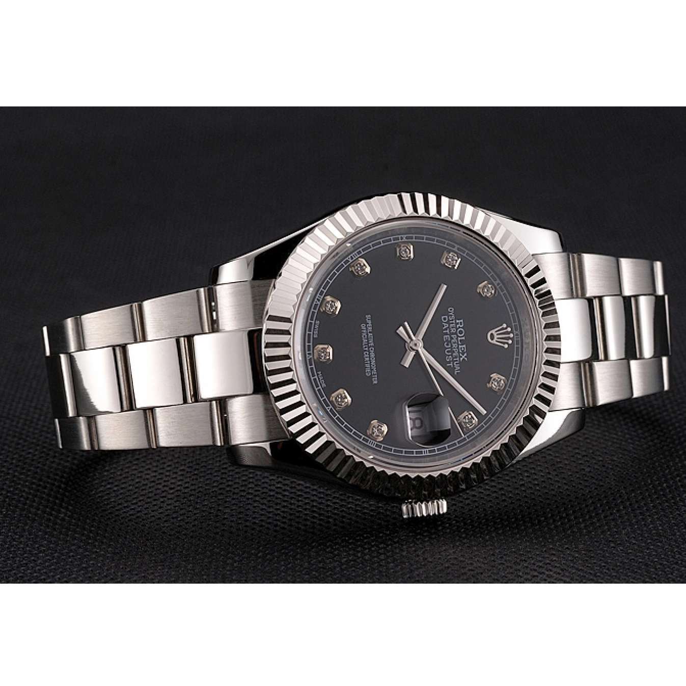 Best AAA Replica Sites Dimond Case Swiss Bracelet Hour Dial Datejust Rolex Marks Stainless Steel Black And 0802